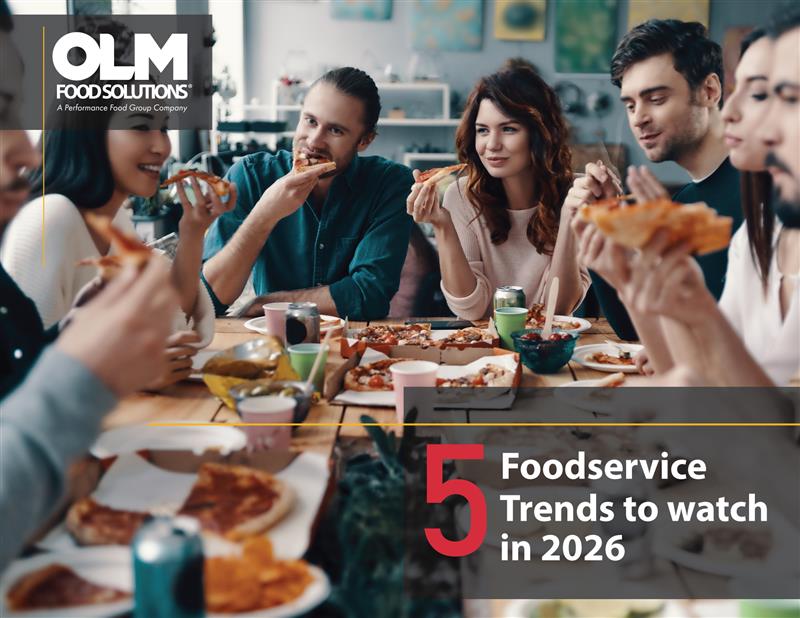 Group of young adults sharing pizza at a table, featured on the cover of OLM Food Solutions’ “5 Foodservice Trends to Watch in 2026” report.